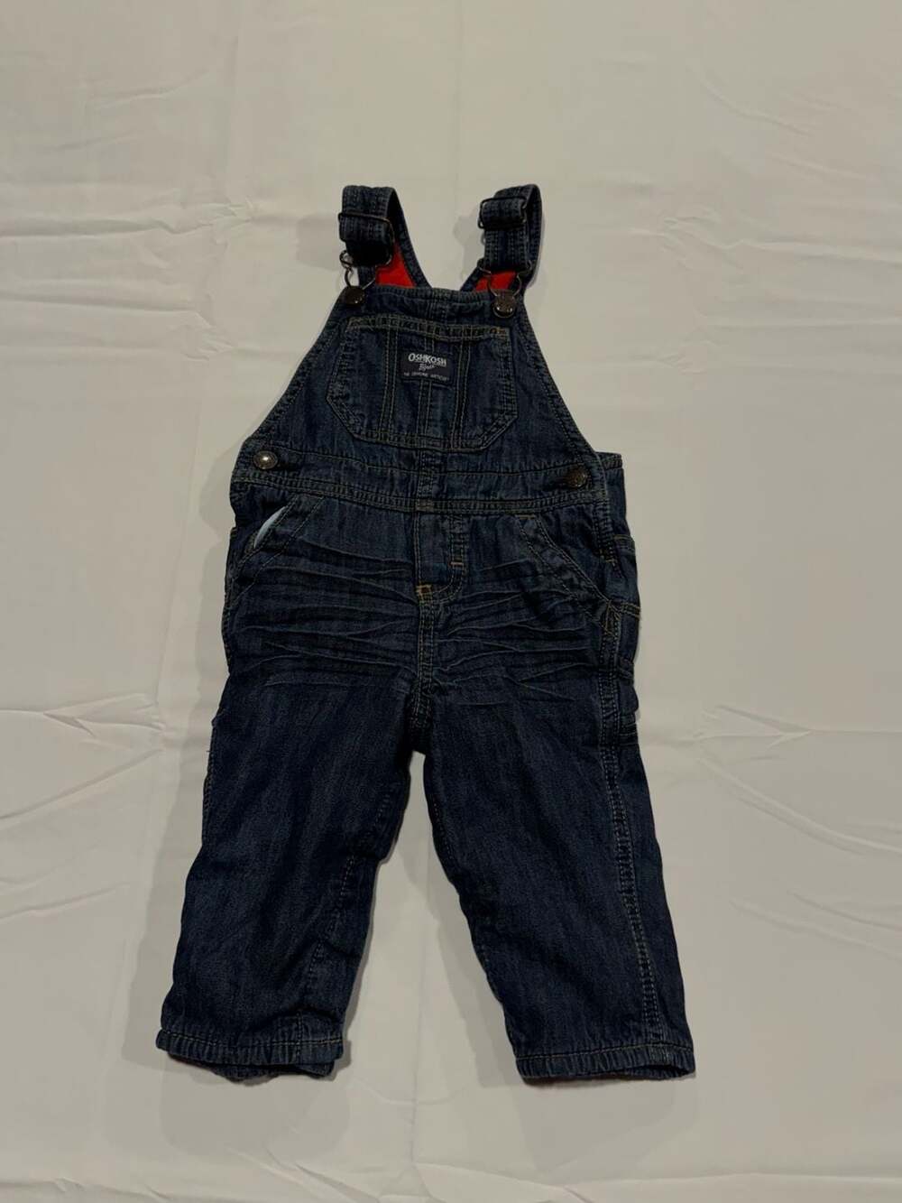 OshKosh B'gosh Baby Denim Red Fleece Lined Vestbak Overalls 9M vintage